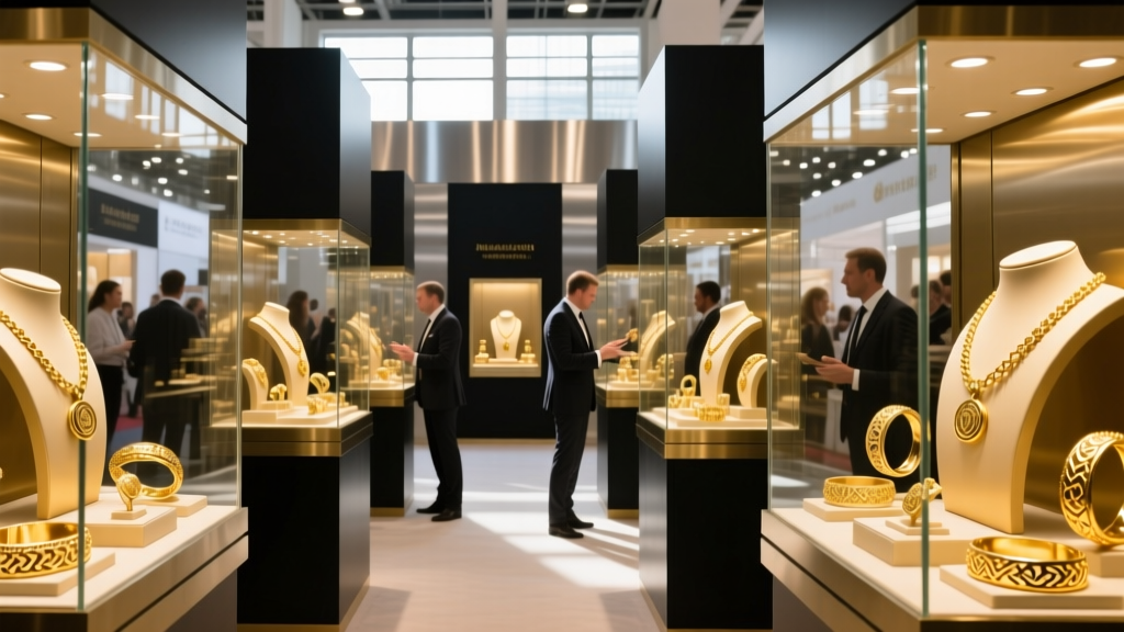 Busy international gold jewelry trade show booth with glass cases showcasing wholesale 18k gold necklaces and bangles
