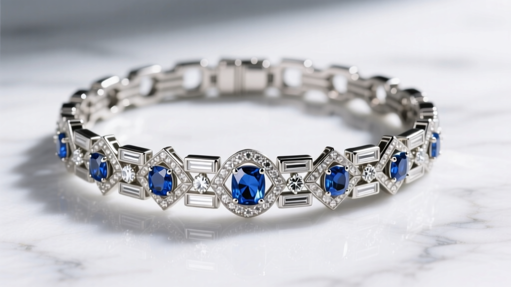 Top view of an Art Deco platinum bracelet with calibré-cut sapphires and old European diamonds resting on white marble surfaces.