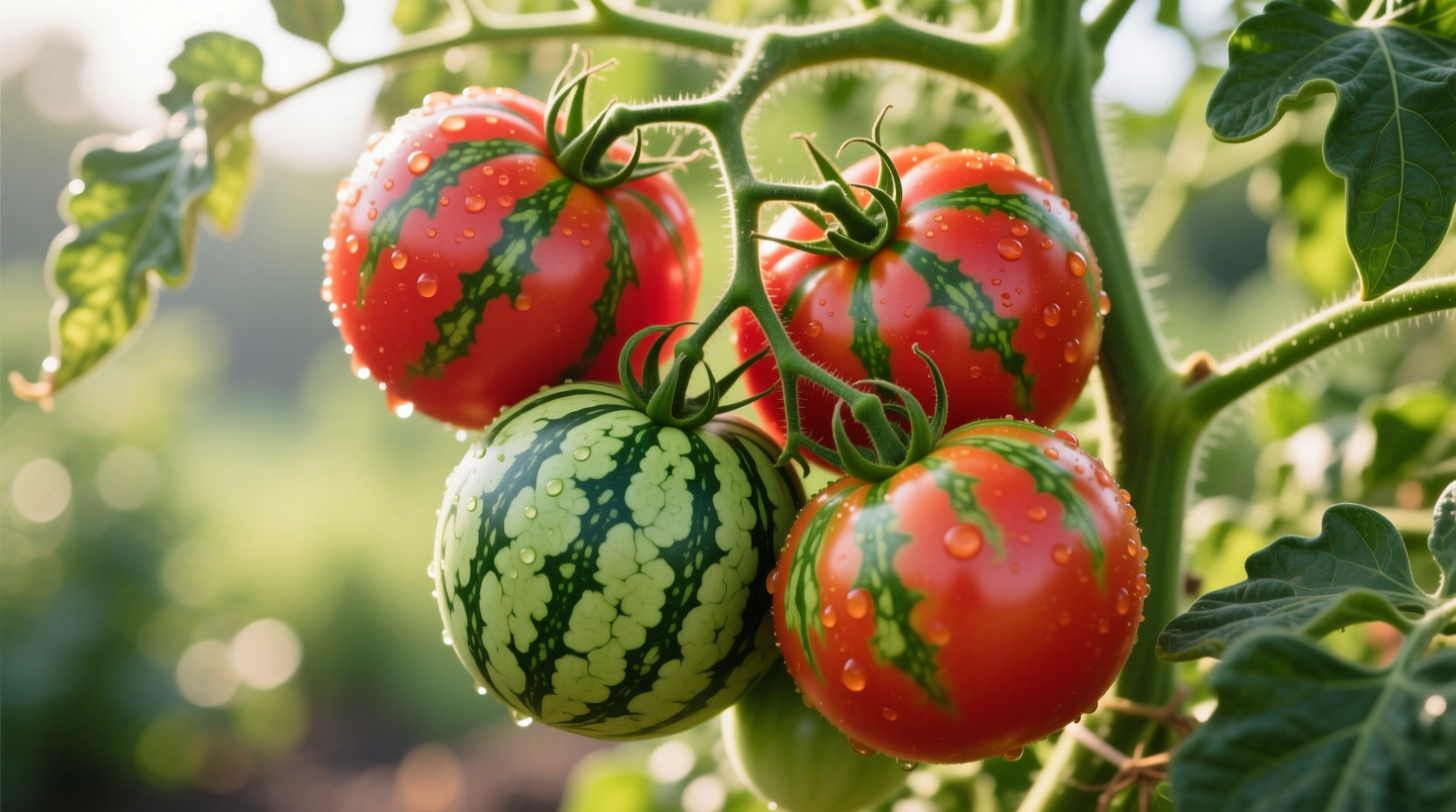 Ripe watermelon tomatoes on vine with distinctive stripes