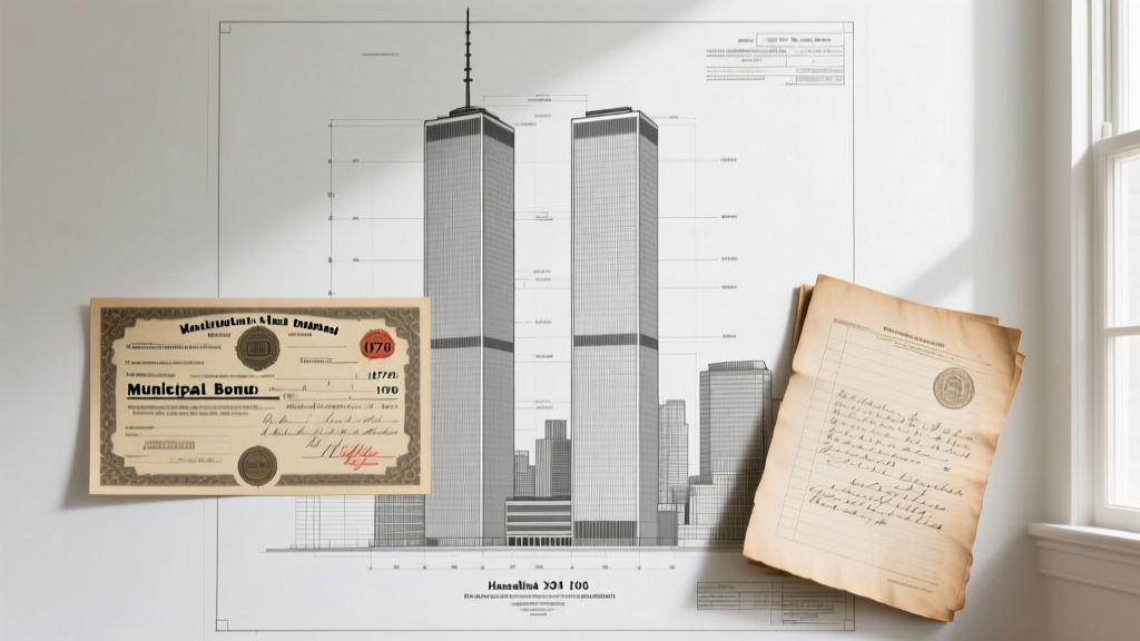 Architectural blueprint of the original Twin Towers overlaid with 1970s municipal bond certificates and financial ledger documents