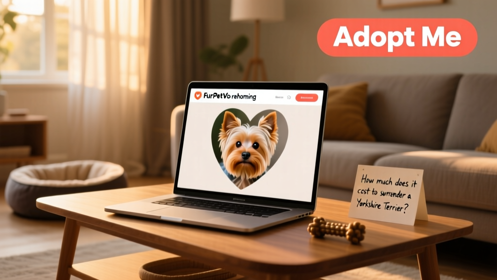 A laptop screen showing the FurPetVo rehoming platform interface with a Yorkie's profile photo and 'Adopt Me' banner