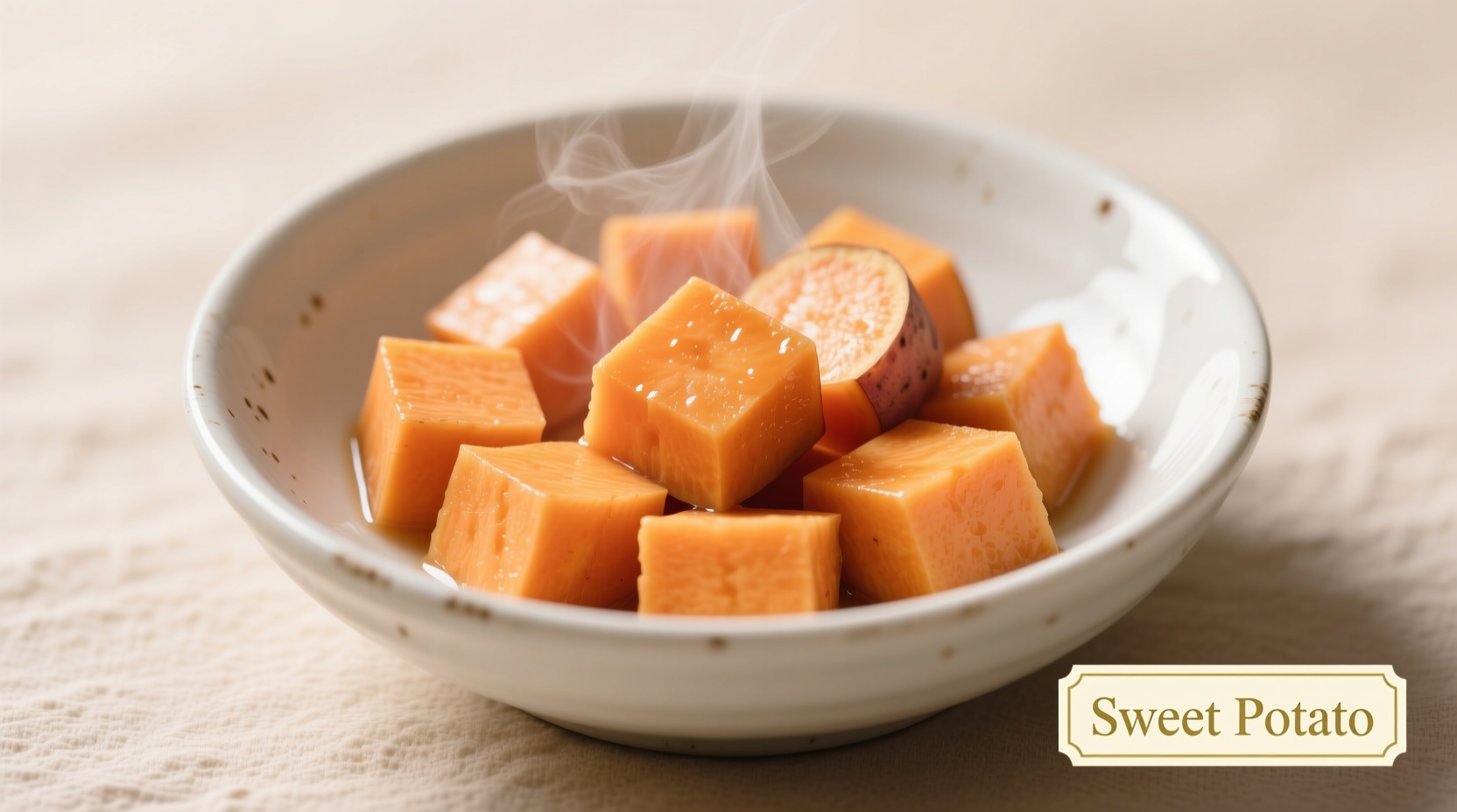 Perfectly boiled sweet potato cubes in a white bowl