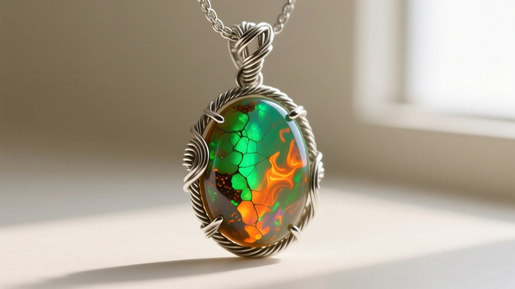 Macro shot of a vibrant Ethiopian Welo opal cabochon pendant in twisted silver wire, showing vivid green and orange play-of-color