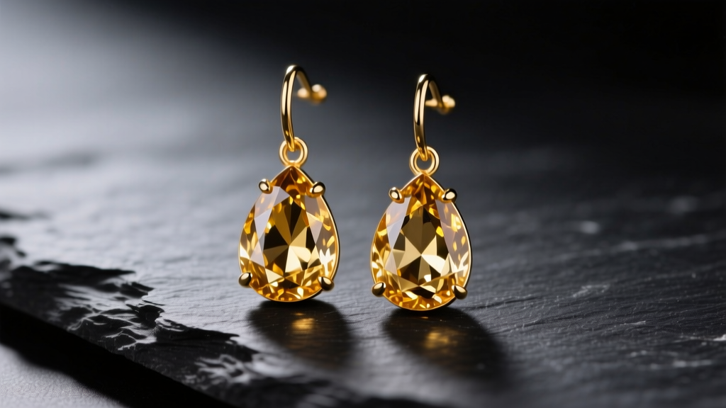 Macro photography of 18k gold citrine drop earrings with pear-cut Madeira stones, resting on dark slate under studio lighting