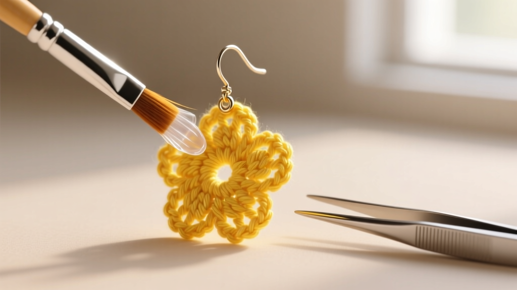 A small brush applying clear fabric stiffener to a bright yellow crochet flower earring, with a pair of tweezers resting nearby.