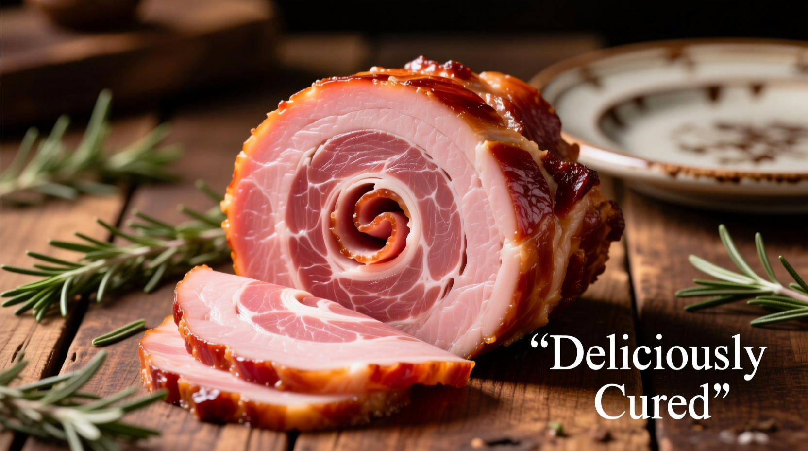 Sliced spiral ham showing juicy interior