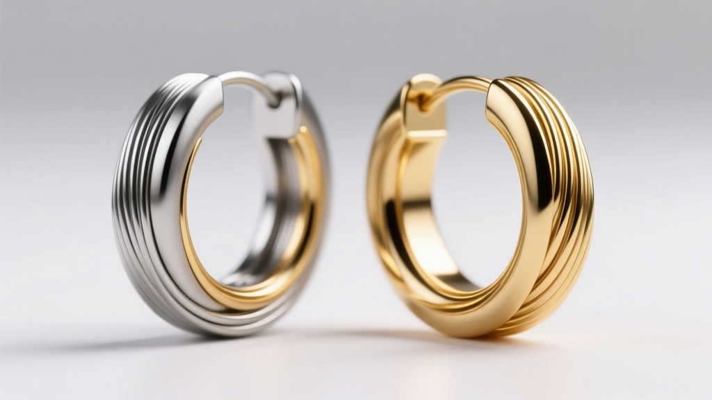 Macro view of brushed titanium and 18k gold 50mm hoops, showing contrasting textures and wire thickness under soft lighting.