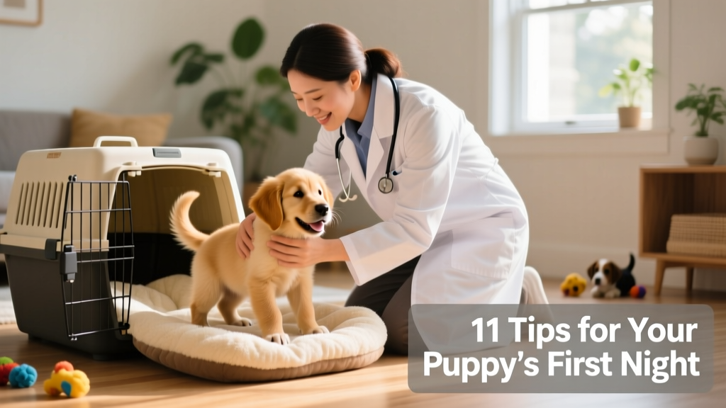 A veterinarian gently demonstrating how to place a puppy into a crate lined with soft bedding