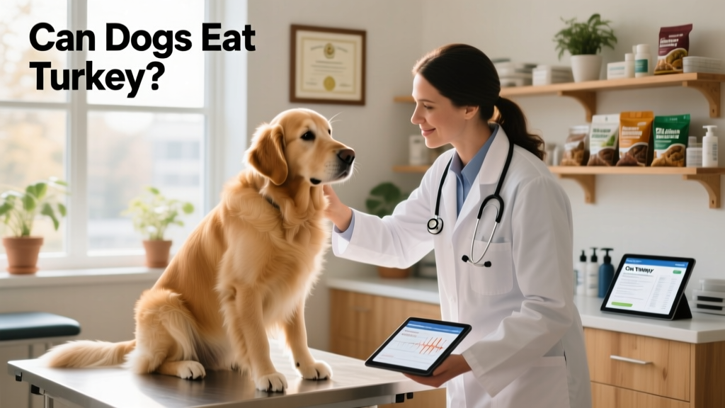 A veterinarian gently examining a calm, seated dog during a routine wellness checkup