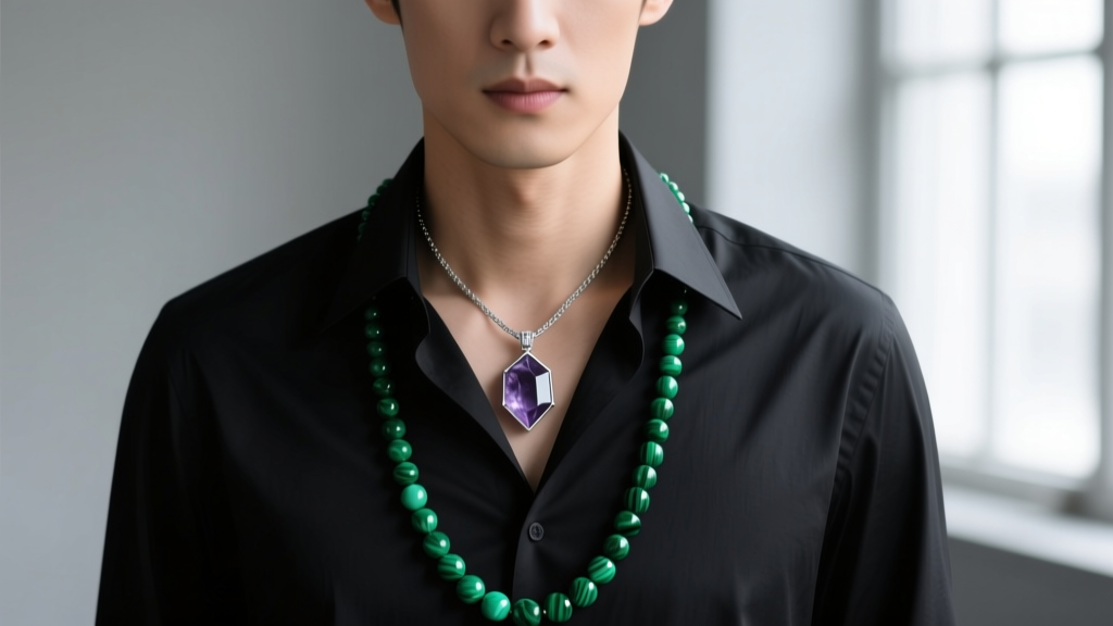 Chest portrait of a man layering a 20-inch malachite beaded necklace with a 24-inch silver pendant featuring raw amethyst.