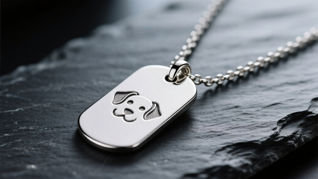 Close-up of a polished 925 sterling silver dog tag necklace resting on dark slate, reflecting soft studio lighting with high detail.