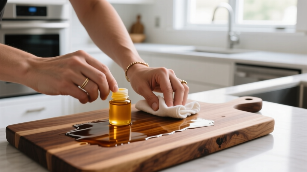 Hands applying food-grade mineral oil and beeswax conditioner to a dry walnut cutting board using a cotton cloth in a bright modern kitchen