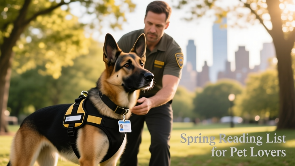 A working service dog in uniform standing attentively beside its handler during a training exercise
