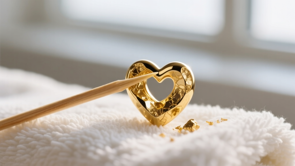 Macro shot of a wooden toothpick removing debris from the bottom point of an 18k gold nugget heart earring on a soft towel.