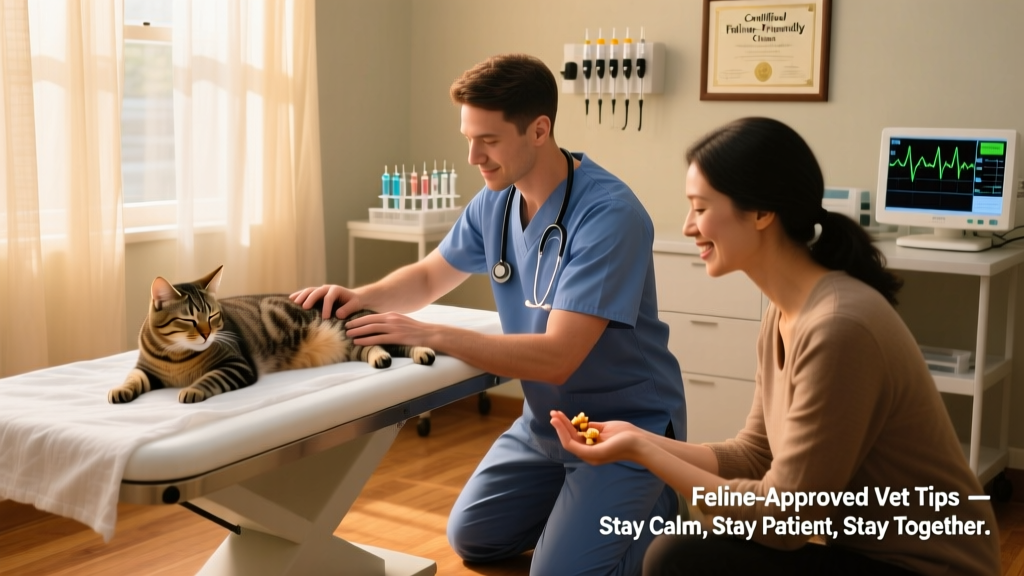 A veterinarian gently examining a calm cat in an exam room while the owner offers a treat from the side