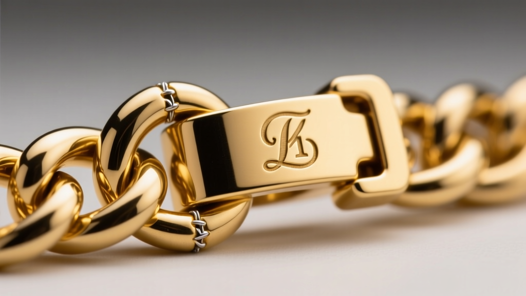 Macro shot of a 14k solid gold Cuban link chain clasp showing the laser-engraved hallmark and precise soldering joints