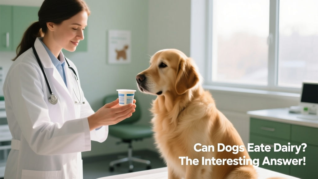 Veterinarian handing a small cup of plain yogurt to a calm, seated dog during a wellness checkup