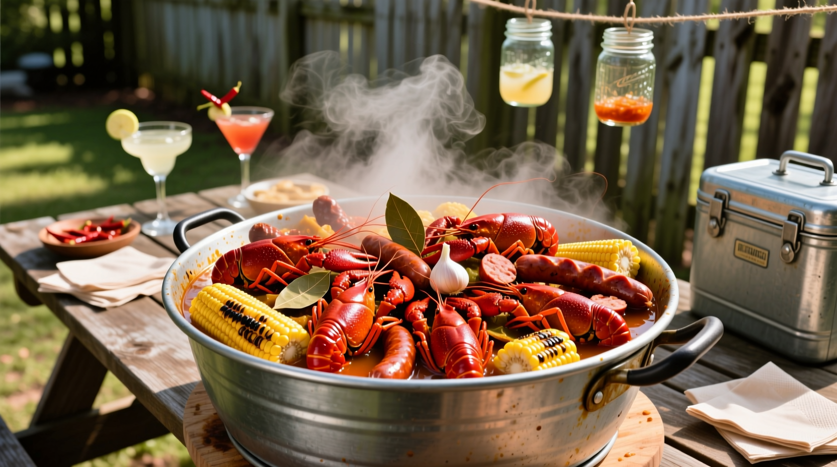 Louisiana-style crawfish boil with corn and sausage
