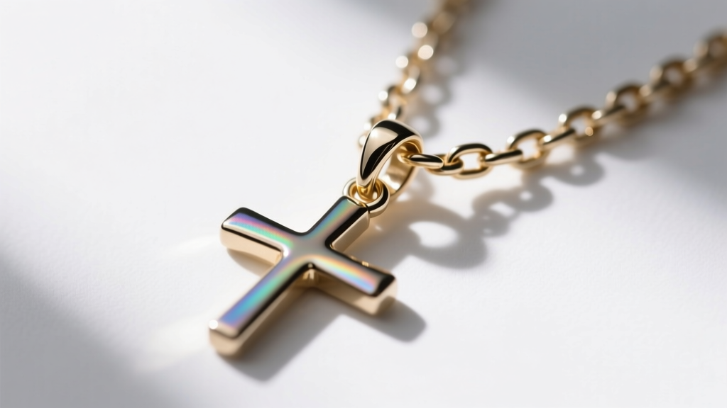 1.5mm wheat chain through the bail of a 4 way cross necklace, showing weight distribution and clearance under bright light.