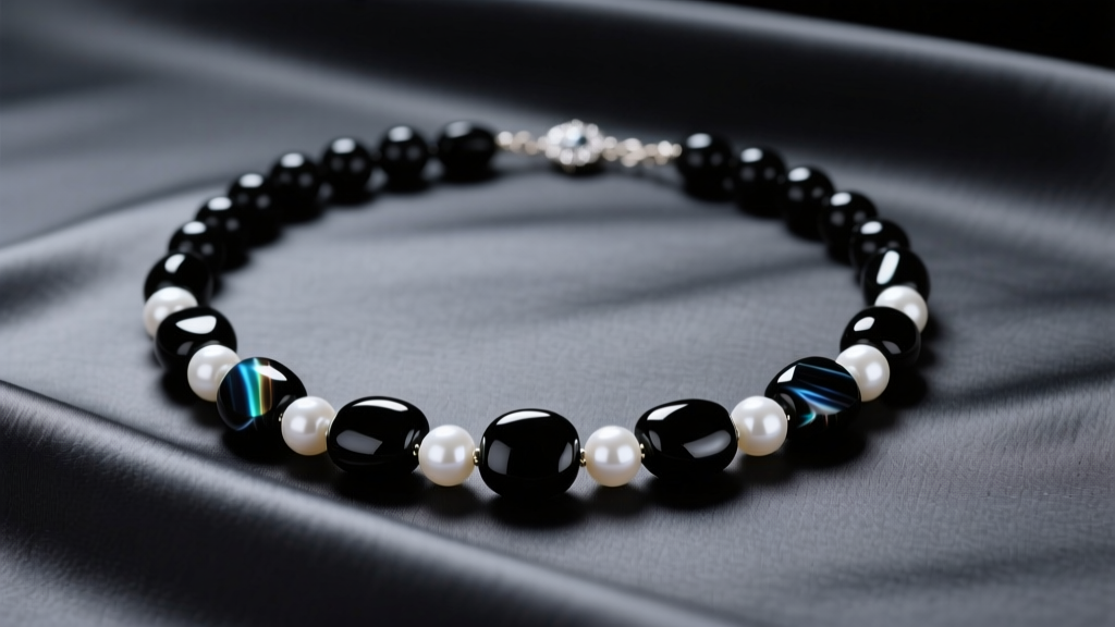 Flat-lay of a black onyx and white pearl necklace resting on dark charcoal silk under soft, moody directional studio lighting