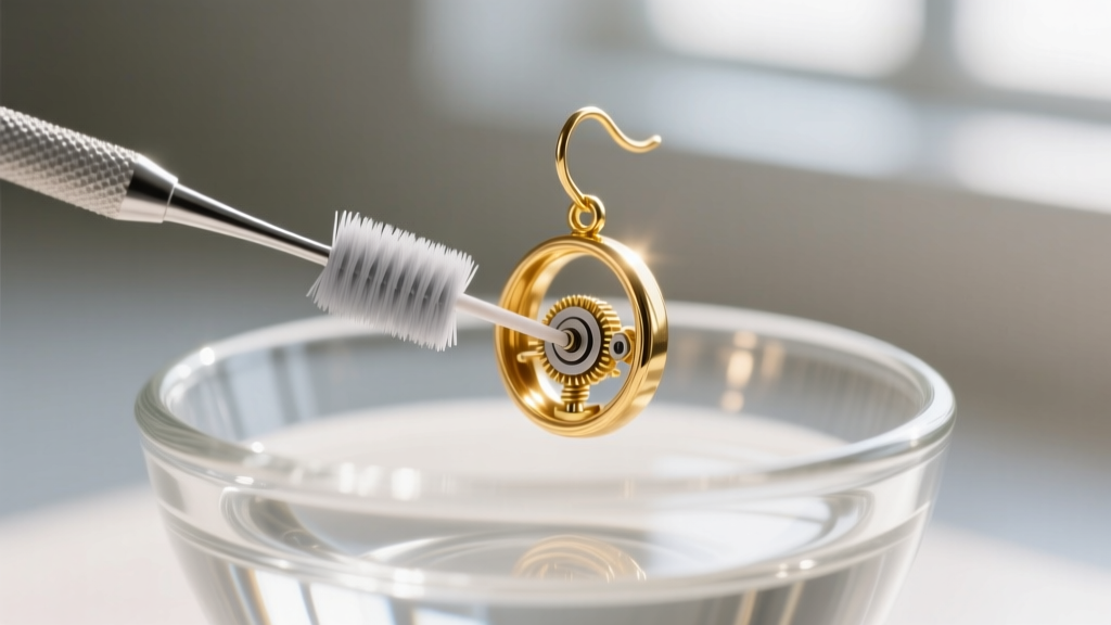 Close-up of an interdental brush gently scrubbing the inner spring mechanism of a gold guardian earring back in a glass bowl.