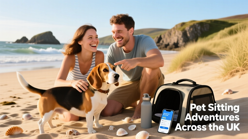 Julie and Jonathan smiling beside a friendly Beagle-Dachshund cross named Mabel on a sunny Scottish beach