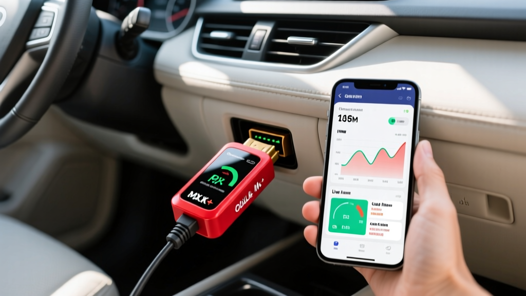 Red OBDLink MX+ scanner plugged into an OBD-II port under a steering column with a smartphone displaying live telemetry data