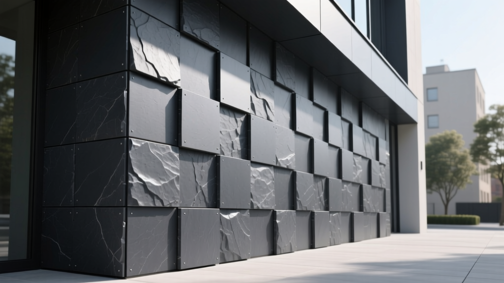 Interlocking polyurethane stone veneer panels in dark charcoal being installed on an exterior accent wall by a contractor