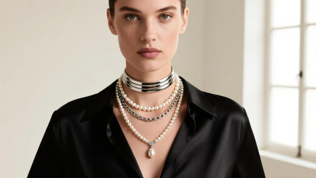 Model wearing a layered pearl and silver chain necklace over black silk, showcasing a 16-inch choker and an 18-inch pendant drop.