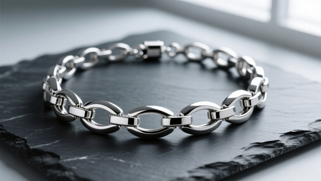 Flat lay of an articulated silver shoulder necklace showing hinge joints and magnetic clasp on dark slate, macro lens photography
