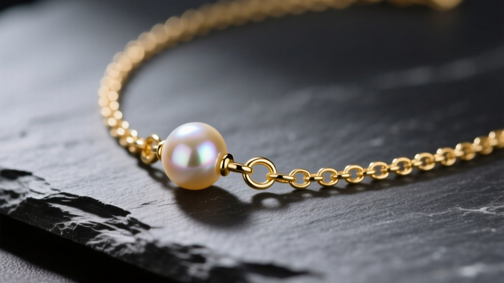 Macro shot of a 14k gold pearl chain necklace on dark slate, highlighting the deep luster of an 8mm Akoya pearl station link