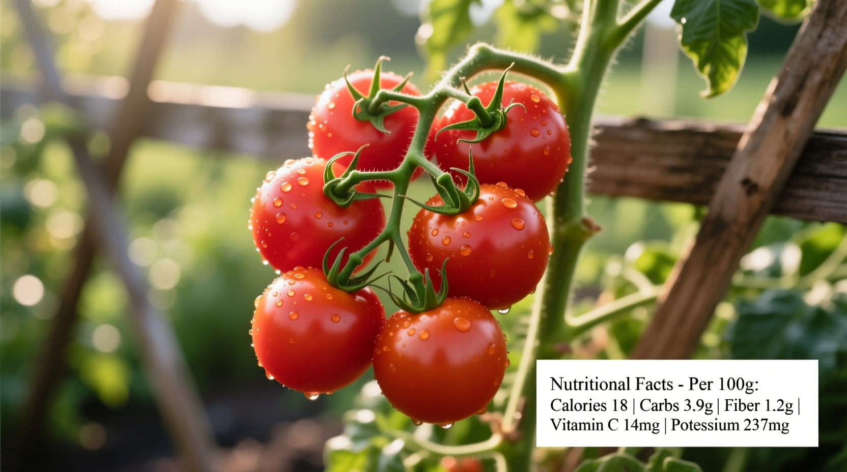Fresh Roma tomatoes on vine with nutritional facts