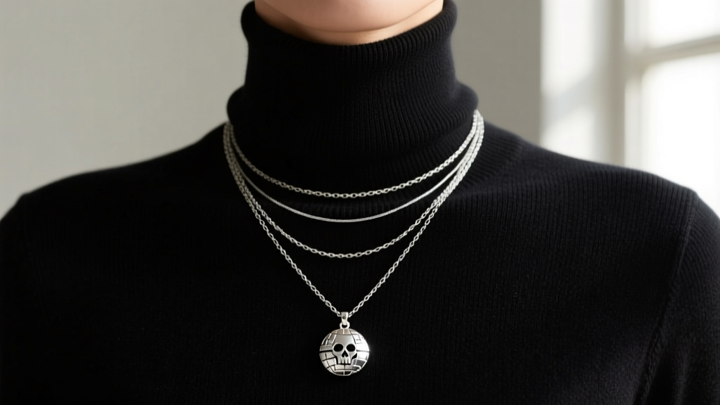 Silver layered necklaces with a small Death Star pendant on a thin box chain, worn over a dark turtleneck in soft lighting
