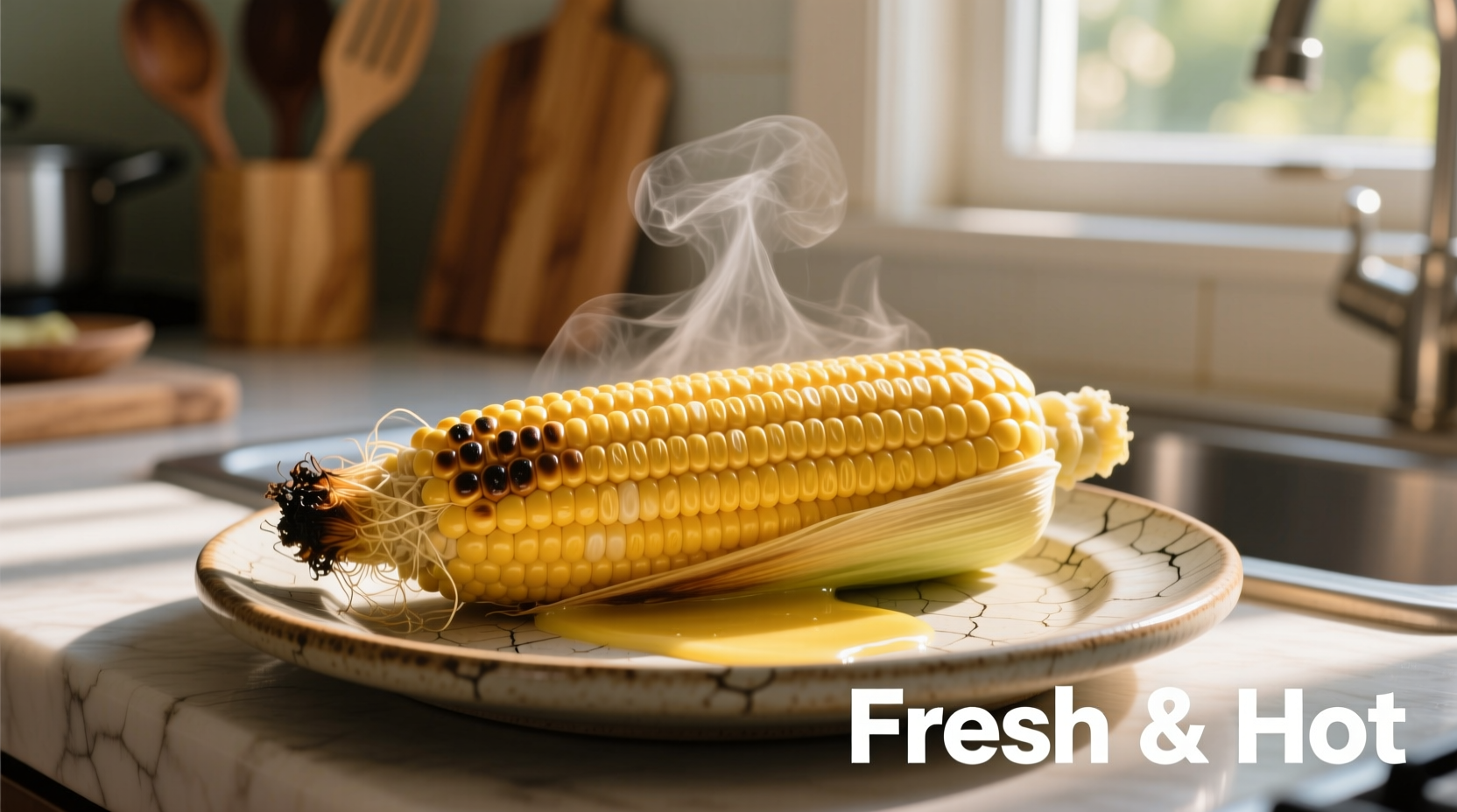 Fresh corn on plate after microwaving