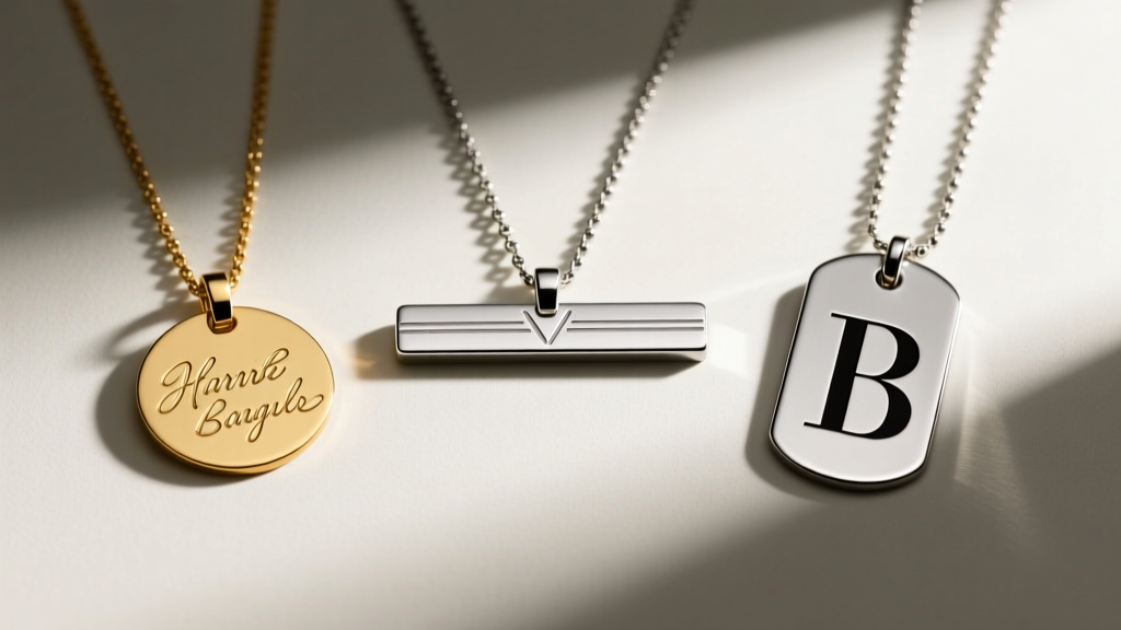Flat lay of three necklace pendants: a silver bar, gold disc, and steel dog tag, each displaying different lyric engraving layouts.