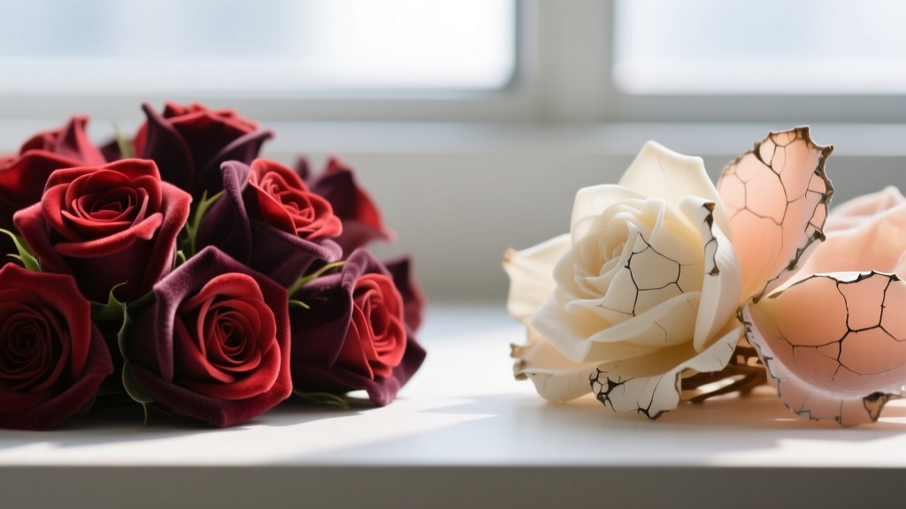 Macro view of dense PE foam rose petals on the left, contrasted with brittle and cracking soap-based synthetic petals on the right