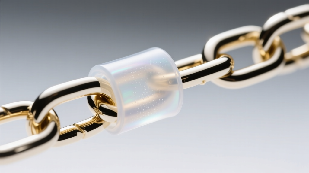 Macro shot of a translucent medical-grade silicone friction sleeve sliding over an 18k white gold tennis chain link joint