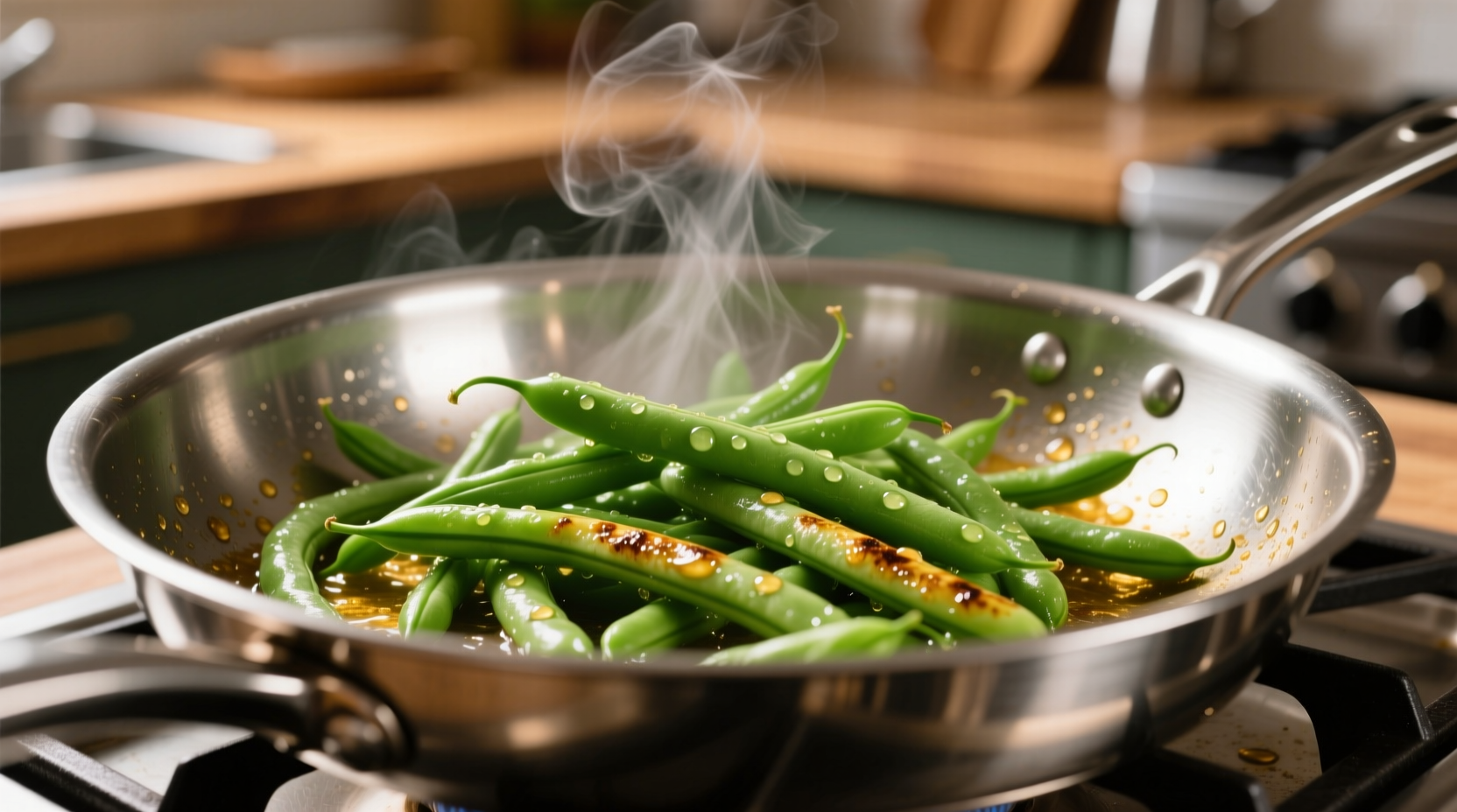 Fresh green beans sizzling in stainless steel skillet