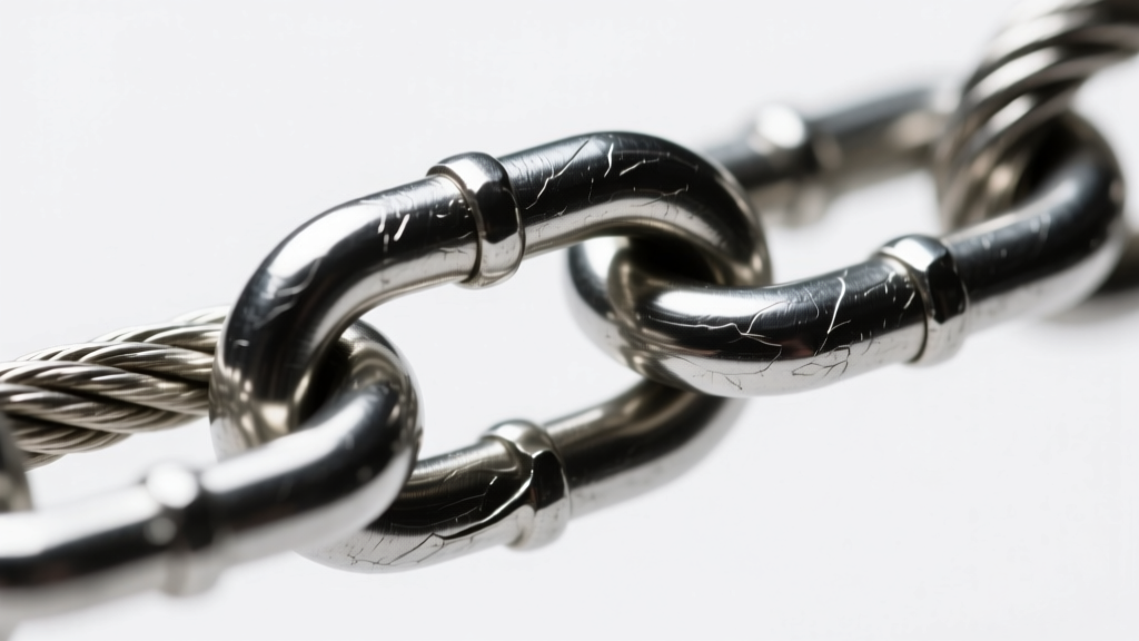 Macro view of a 14-gauge steel rope chain threaded through a metal bail, showing interlocking links under bright studio light