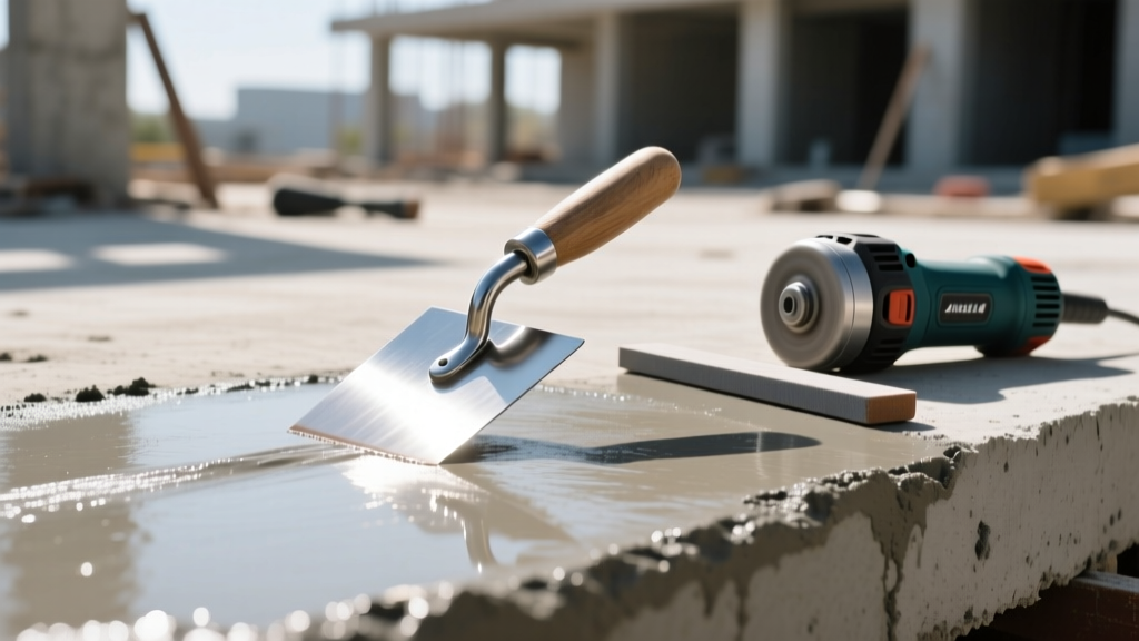 Steel finishing trowel smoothing wet concrete slab, with magnesium float and power trowel resting nearby in bright sunlight