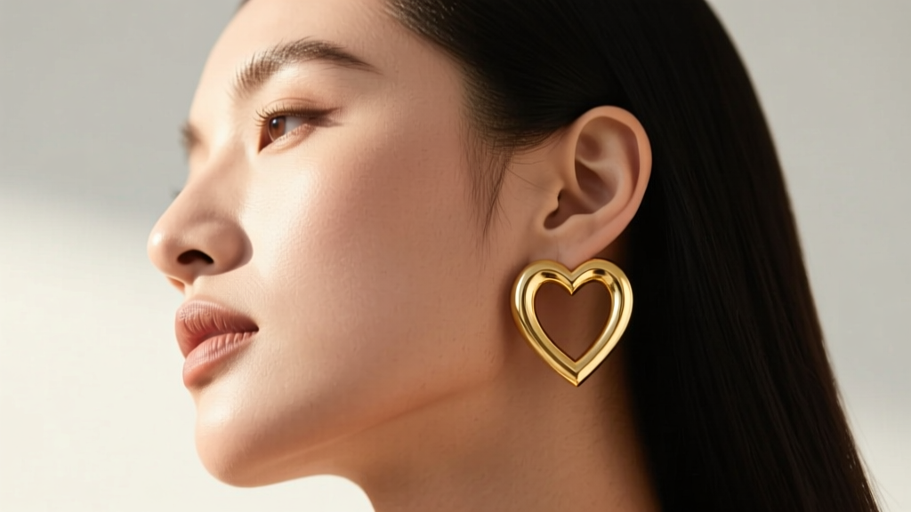 Side profile of a model wearing medium gold heart shaped hoop earrings, showing how the curved shape flatters a strong jawline