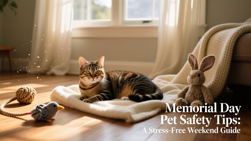 A calm cat resting in a shaded, quiet room with a window partially covered by curtains, surrounded by familiar toys and a soft blanket