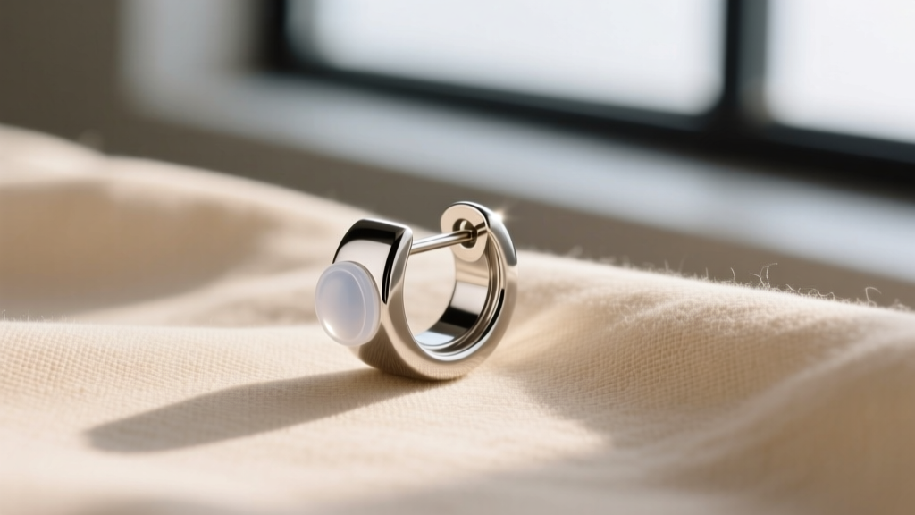 Titanium magnetic pressure earring for keloid care on beige linen, highlighting its polished metal finish and clear silicone pad.