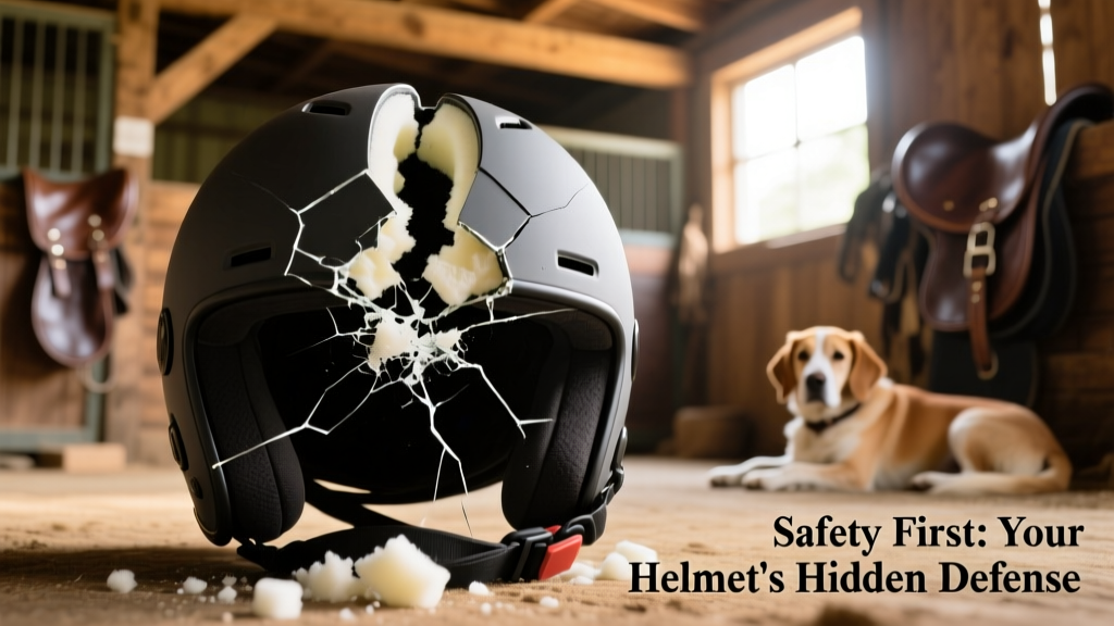 Close-up of a cracked riding helmet split cleanly in half, illustrating how it absorbed impact