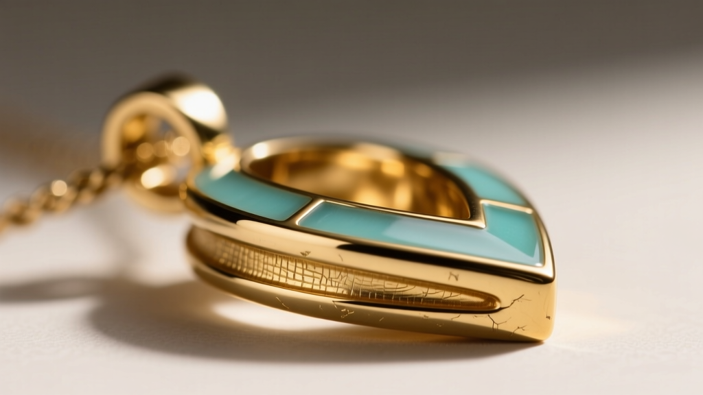 Extreme close-up of brass base metal and gold electroplating on a fashion pendant, highlighting the edge of the cold enamel inlay.
