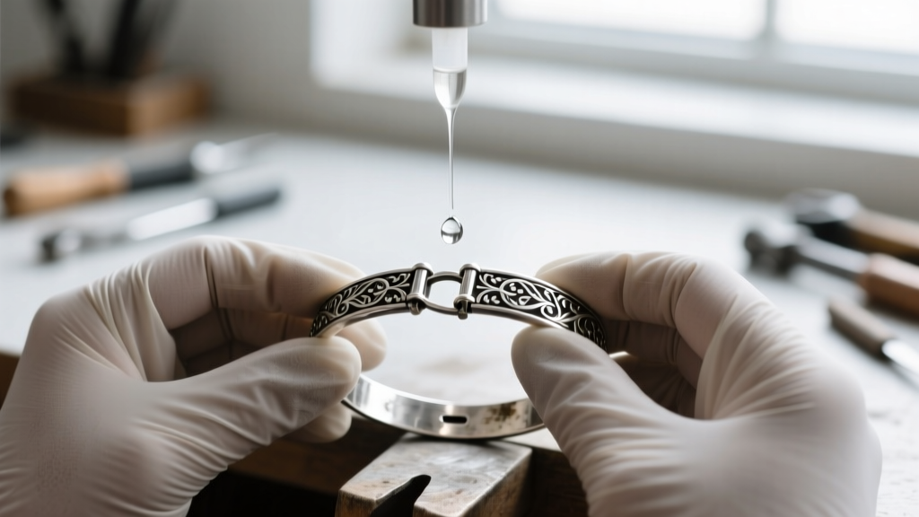 Jeweler in nitrile gloves applying a drop of silver testing acid to a filed notch on a vintage sterling silver bracelet clasp