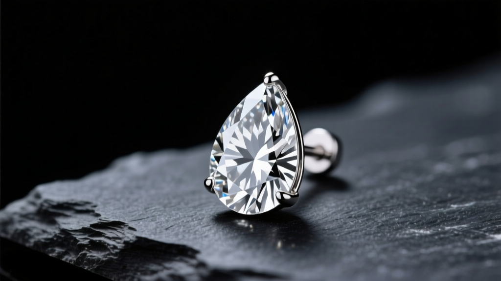 Macro shot of a platinum pear diamond drop earring on dark slate, lit by a cool spotlight highlighting its brilliant facets.