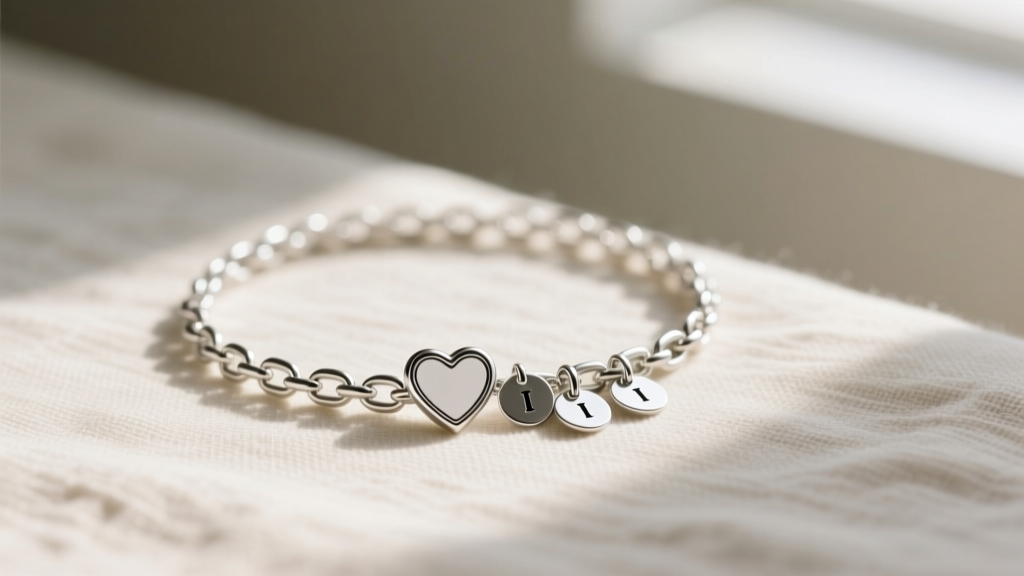 Sterling silver box chain with a heart mom charm and initial discs resting on cream linen fabric in soft, natural window lighting.