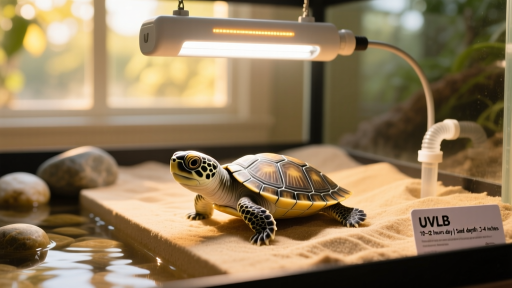 UVB lamp mounted above a turtle habitat with visible basking platform and sand substrate