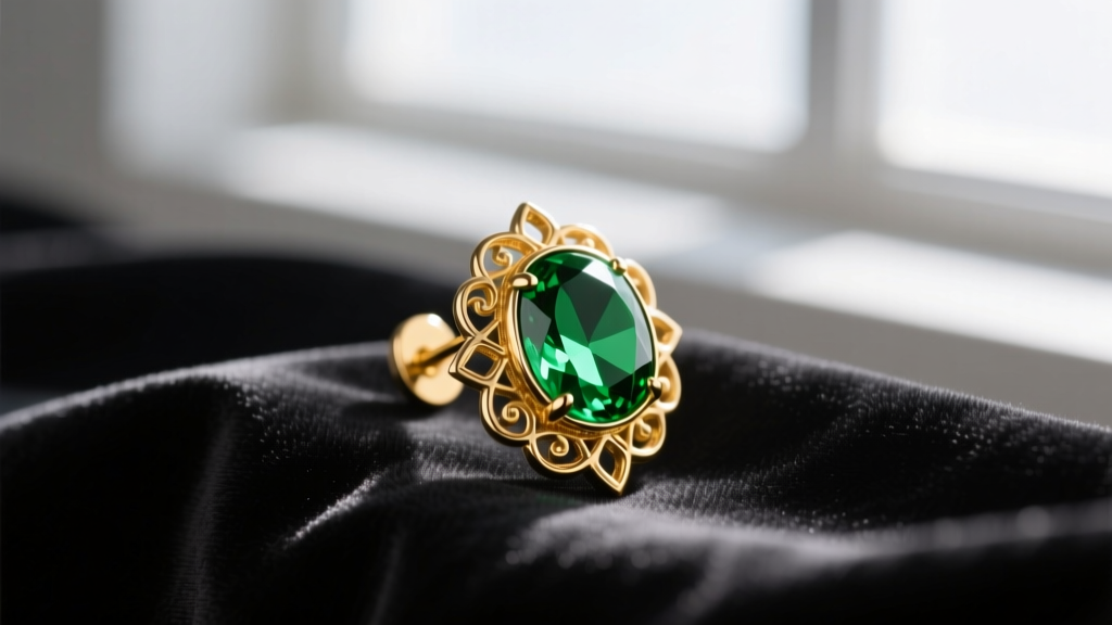 Close-up of an 18k gold Zamasu Potara earring with a polished peridot cabochon dome, resting on dark velvet cosplay fabric.